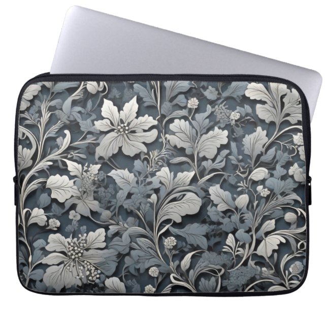 Elegant dusty blue silver white grey floral laptop sleeve (Front)