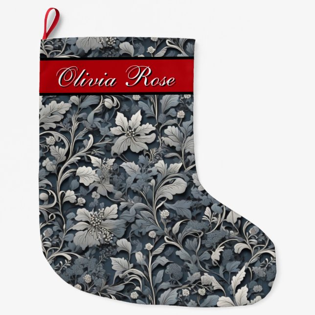 Elegant dusty blue silver white grey floral large christmas stocking (Front)