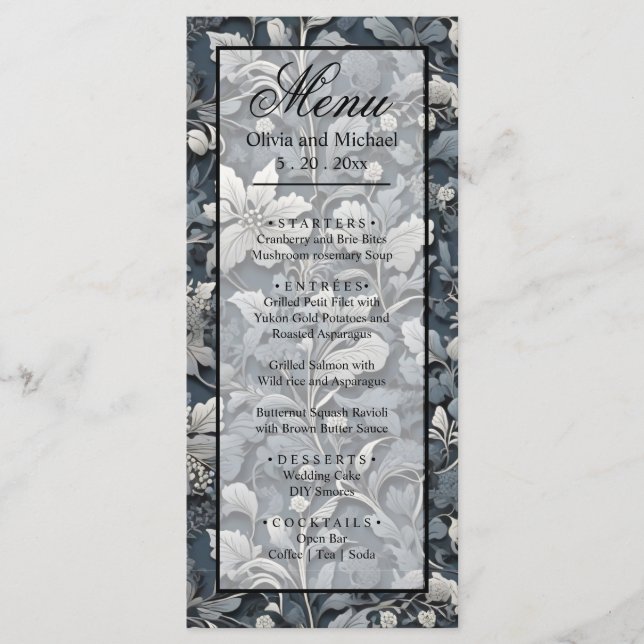 Elegant dusty blue silver white grey floral menu (Front)