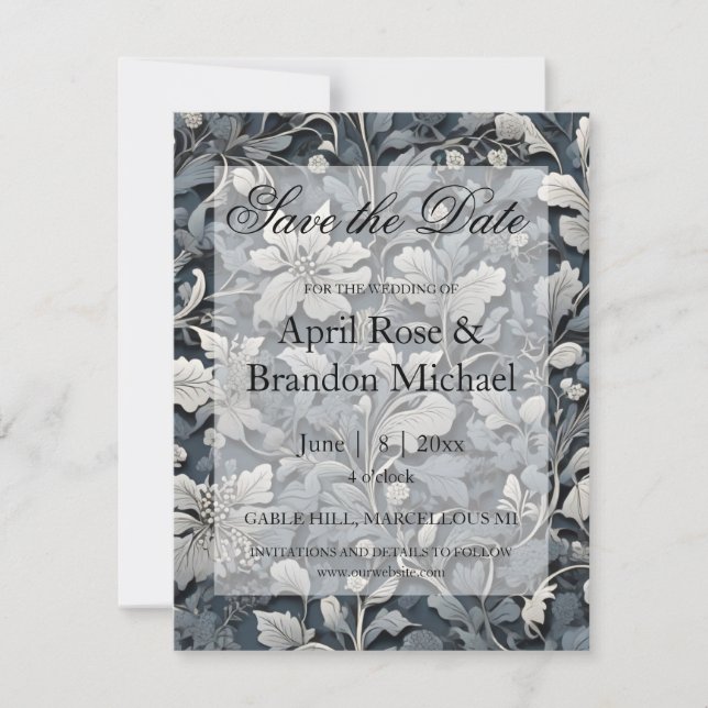 Elegant dusty blue silver white grey floral save the date (Front)