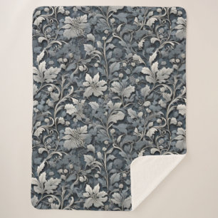 Elegant dusty blue silver white grey floral sherpa blanket