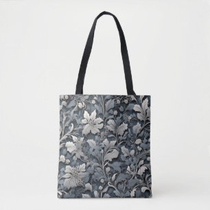 Elegant dusty blue silver white grey floral tote bag