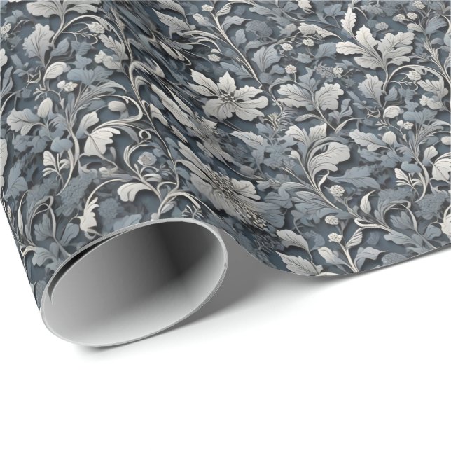 Elegant dusty blue silver white grey floral wrapping paper (Roll Corner)