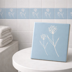 Elegant Dusty Blue Simple Flower  Ceramic Tile