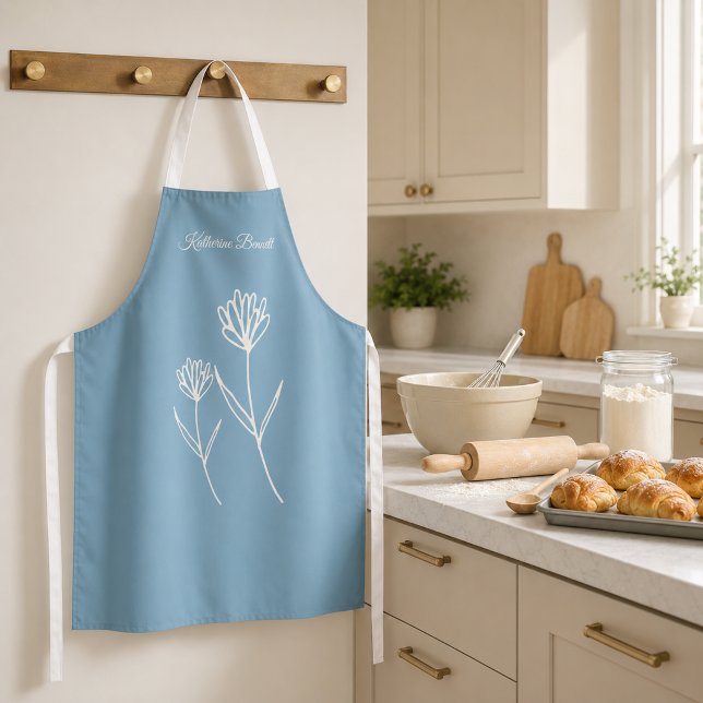 Elegant Dusty Blue Simple Flower Name Apron (Creator Uploaded)
