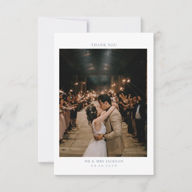 Elegant Dusty Blue Simple heart with photo Wedding Thank You Card (Front)