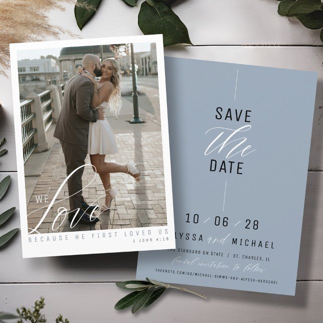Elegant Dusty Blue Simple Photo Christian Wedding Save The Date (Elegant simple dusty blue photo religious modern script Christian wedding invitation save the date)