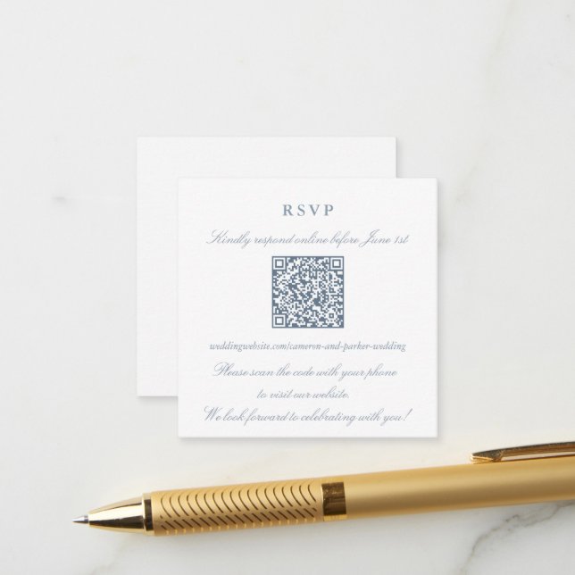 Elegant Dusty Blue Small Online RSVP QR Code Enclosure Card (Front/Back In Situ)