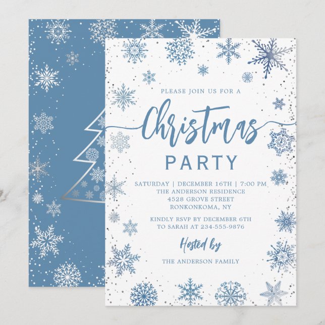Elegant Dusty Blue Snowflakes Christmas Party Invitation (Front/Back)