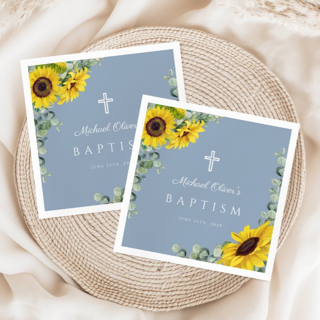 Elegant Dusty Blue Sunflower Religious Baptism Napkin (Elegant Dusty Blue Sunflower Religious Baptism Napkins)