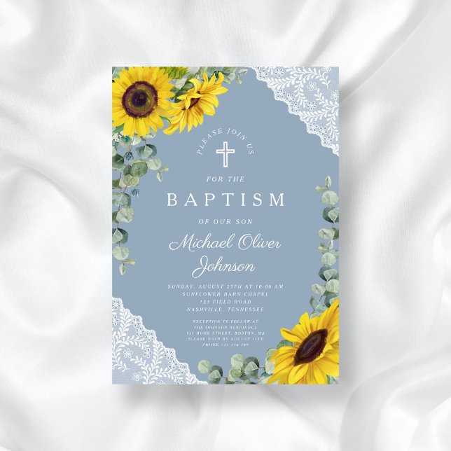 Elegant Dusty Blue Sunflowers Cross Baptism  Invitation (Elegant Dusty Blue Sunflowers Cross Baptism Invitation)