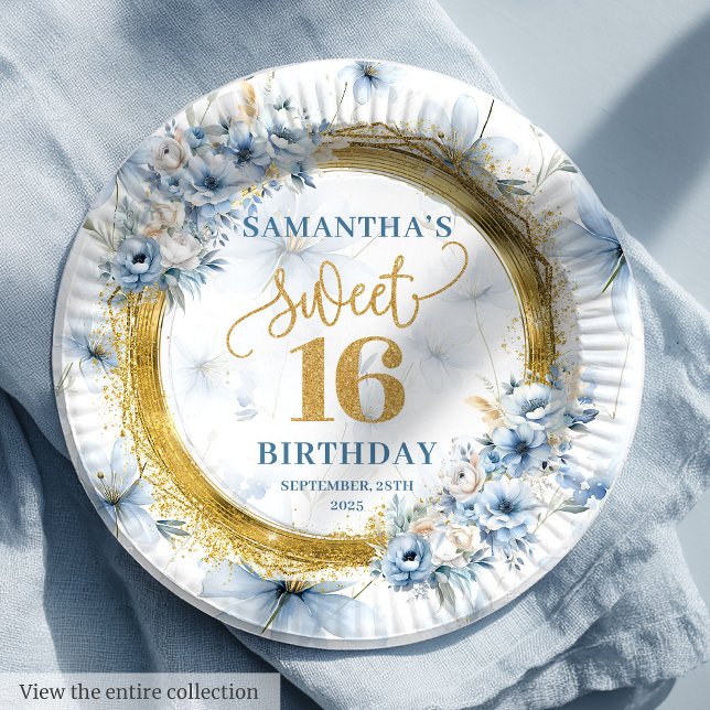 Elegant Dusty Blue Sweet Sixteen Gold Glitter  Paper Plate (Elegant Dusty Blue Sweet Sixteen Gold Glitter Paper Plates)
