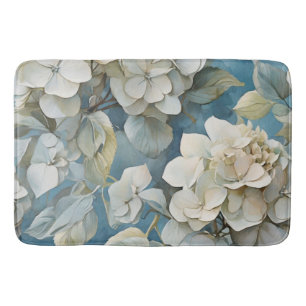 Elegant dusty blue teal ivory floral hydrangeas bath mat