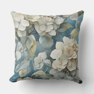 Elegant dusty blue teal ivory floral hydrangeas cushion