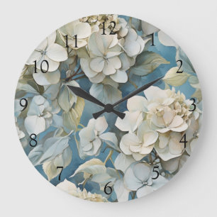 Elegant dusty blue teal ivory floral hydrangeas large clock