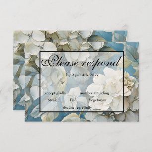 Elegant dusty blue teal ivory floral hydrangeas RSVP card