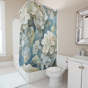 Elegant dusty blue teal ivory floral hydrangeas shower curtain