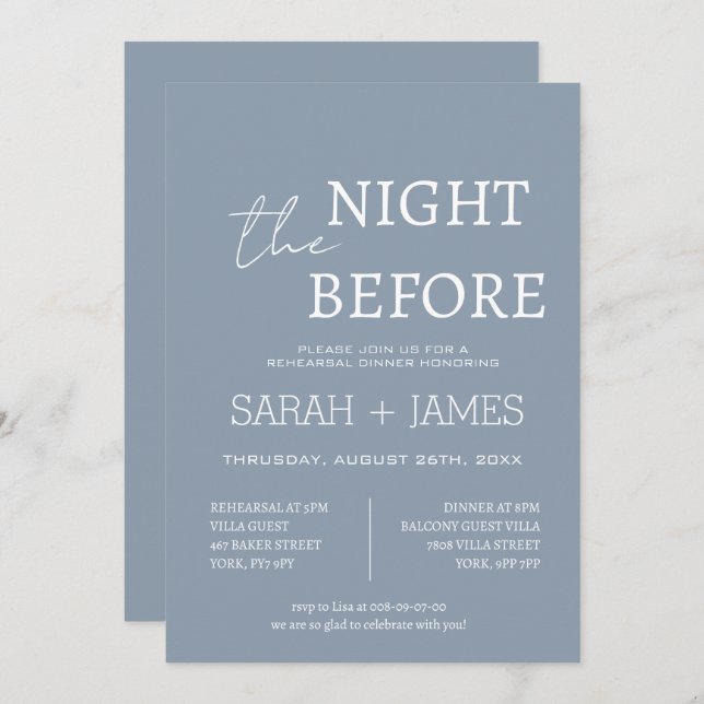 Elegant Dusty Blue the Night Before Dinner Wedding Invitation (Front/Back)