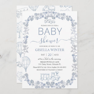 Elegant Dusty Blue Toile Floral Boy Baby Shower  Invitation