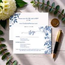 Elegant Dusty Blue Toile Floral  QR Code Wedding