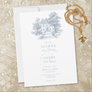 Elegant Dusty Blue Toile French Manor Wedding Invitation