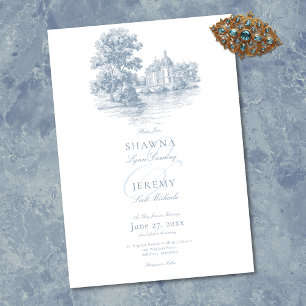 Elegant Dusty Blue Toile French Manor Wedding Invitation