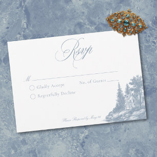 Elegant Dusty Blue Toile French Manor Wedding RSVP Card