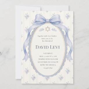 Elegant Dusty Blue Toile Ribbon Bar Mitzvah Invitation