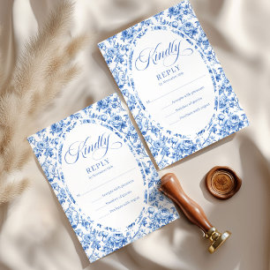 Elegant Dusty Blue Toile Roses Wedding RSVP Set
