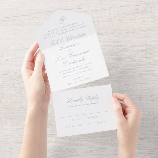 Elegant Dusty Blue Traditional Wedding All In One Invitation (Tearaway)