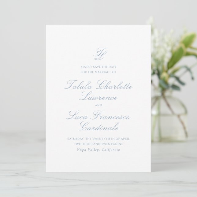 Elegant Dusty Blue Traditional Wedding Save The Date (Standing Front)