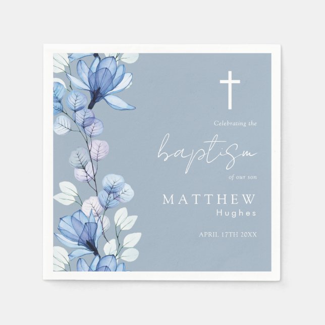 Elegant Dusty Blue Transparent Floral Baptism Napkin (Front)
