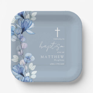 Elegant Dusty Blue Transparent Floral Baptism Paper Plate