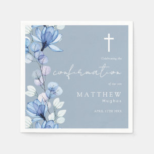 Elegant Dusty Blue Transparent Floral Confirmation Napkin