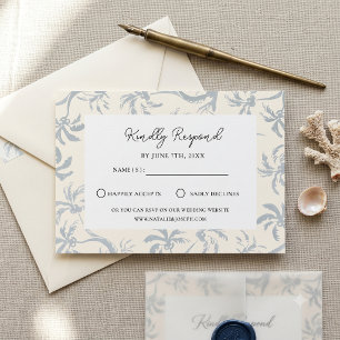 Elegant Dusty Blue Tropical Toile Coastal Wedding  RSVP Card