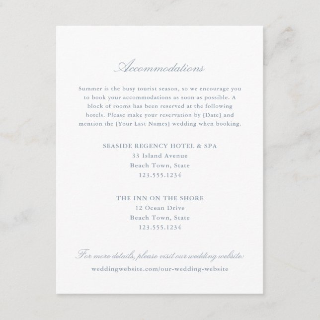 Elegant Dusty Blue Two Hotel Accommodations Enclosure Card (Front)