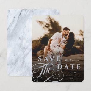 Elegant Dusty Blue Typography & Marble Back Photo Save The Date