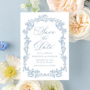 Elegant Dusty Blue Victorian Floral Frame Wedding Save The Date