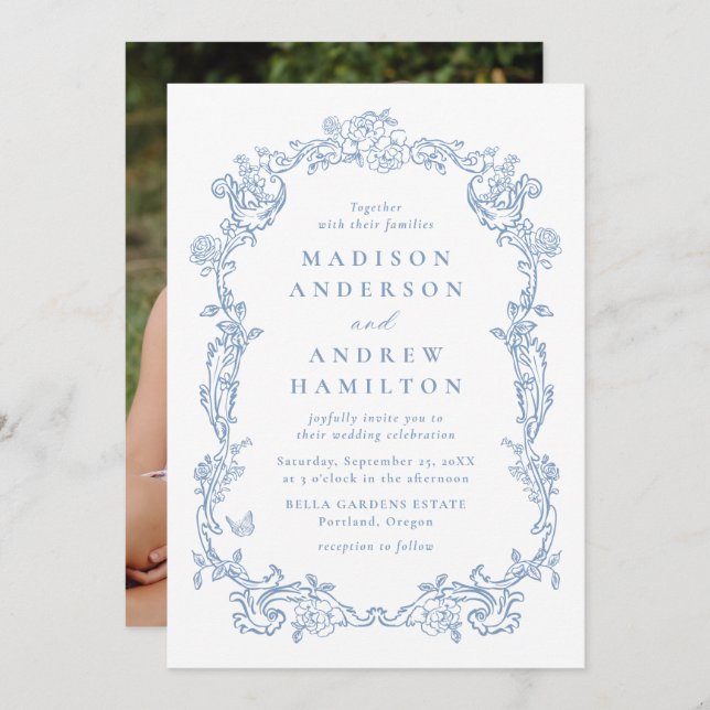 Elegant Dusty Blue Victorian Floral Photo Wedding Invitation (Front/Back)