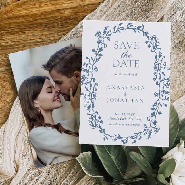 Elegant Dusty Blue Victorian Floral Photo Wedding Save The Date (Creator Uploaded)