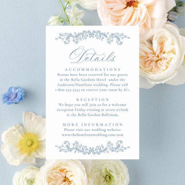 Elegant Dusty Blue Victorian Floral Wedding Detail Enclosure Card (Creator Uploaded)