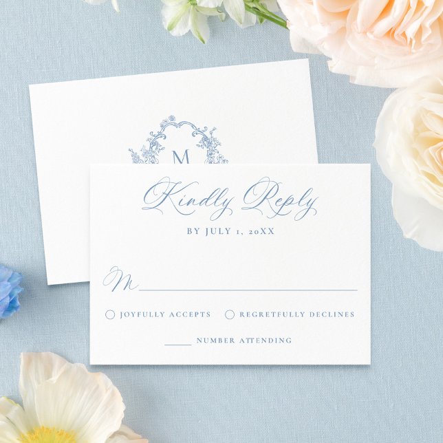 Elegant Dusty Blue Victorian Floral Wedding RSVP Card (Creator Uploaded)