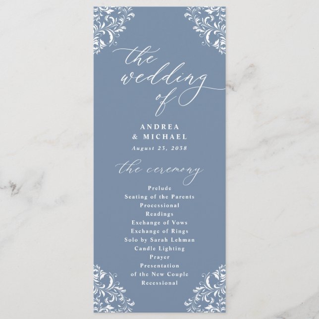 Elegant Dusty Blue Vintage Classic Wedding Program (Front)