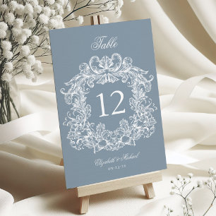 Elegant Dusty Blue Vintage Crest Wedding Table Number