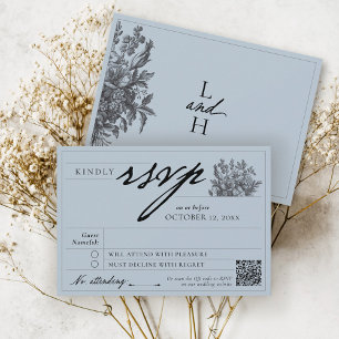 Elegant Dusty Blue Vintage Floral Boho Wedding RSVP Card