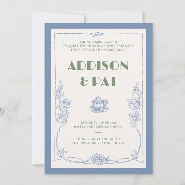 Elegant Dusty Blue Vintage Wedding Invitation (Front)
