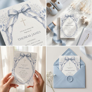 Elegant Dusty Blue Watercolor Bow Baby Boy Baptism Invitation