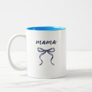 Elegant Dusty Blue Watercolor Bow Mama Custom Two-Tone Coffee Mug