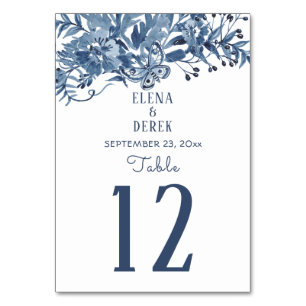 Elegant Dusty Blue Watercolor Floral Art Wedding Table Number