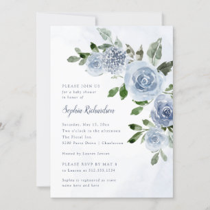 Elegant Dusty Blue Watercolor Floral Baby Shower Invitation